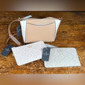 Kate Spade Monica Tan Pebbled Leather Bag & 2 Lucy Medium wristlets: 3 All. NWT